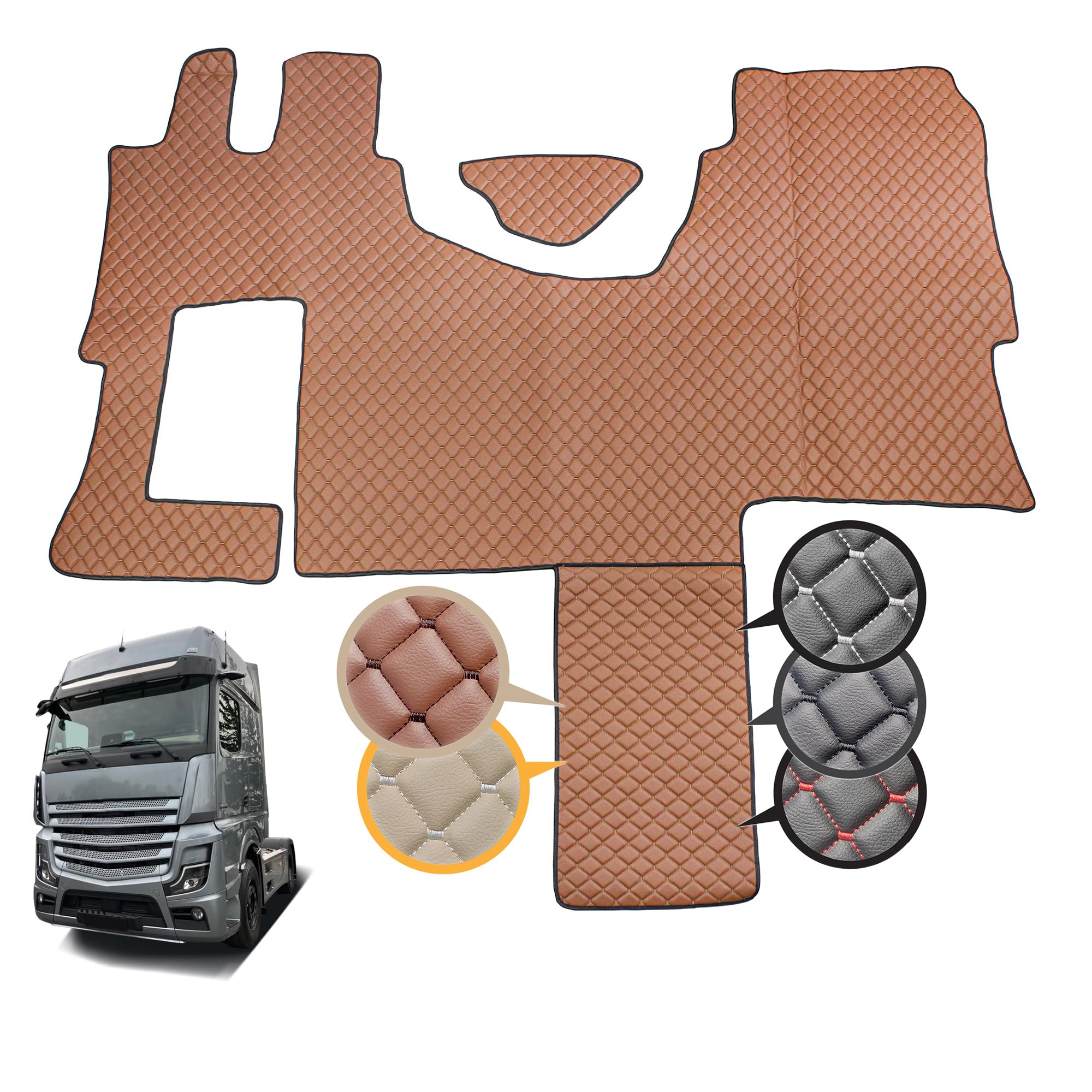 Dywaniki samochodowe do samochodów ciężarowych, ekologiczna skóra, pasują do Actros Solistar, MP4, MP5, Solostar, Actros L, Truck, akcesoria z automatyczną skrzynią biegów, pikowane dywaniki (brązowe)