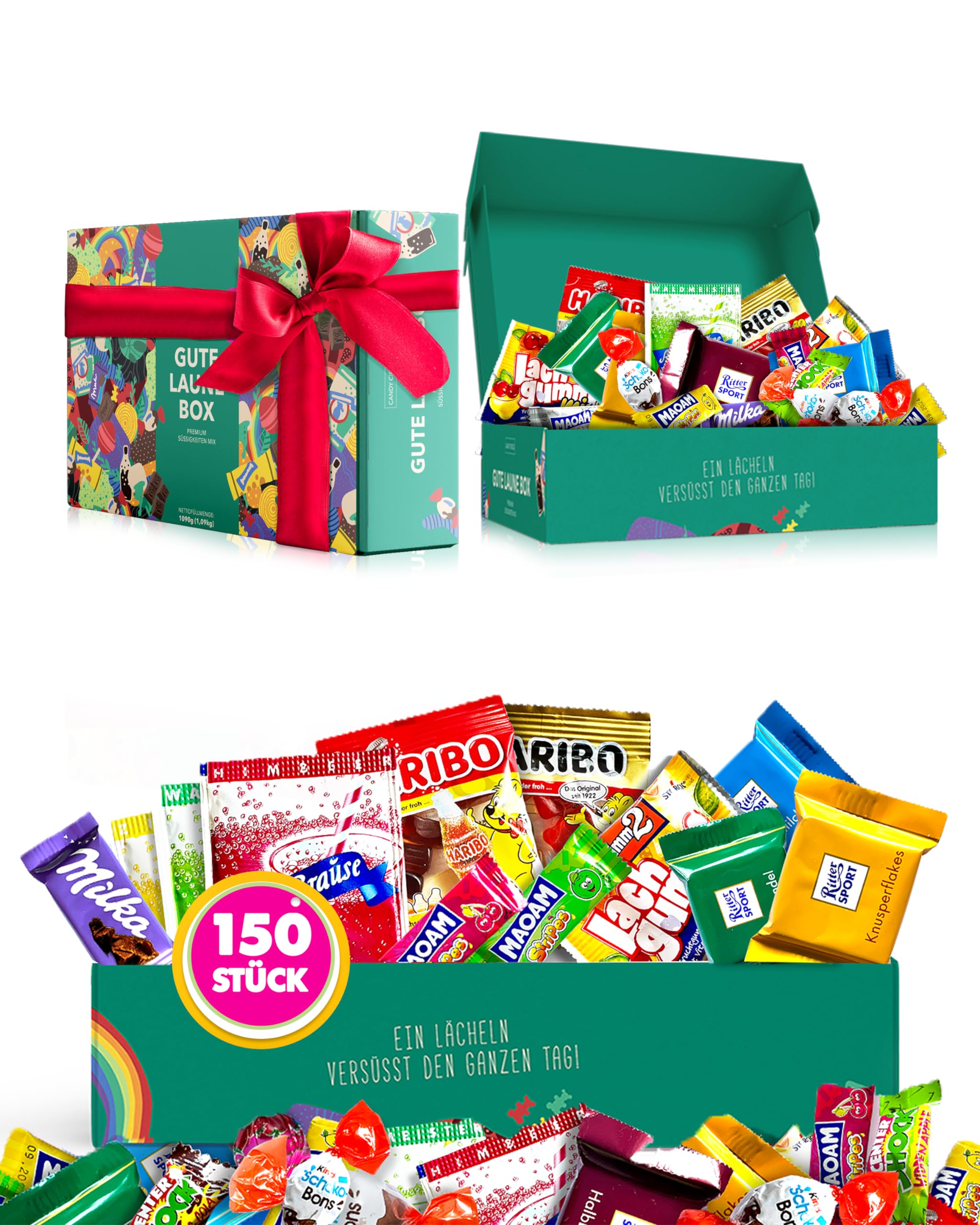 Premium Süßigkeiten Box (150 Stück) - "Gute Laune Box" als Geschenk Idee oder für die Candy Bar (XXL Naschbox)