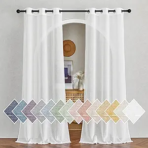 NICETOWN White Linen Sheer 90 inch Curtains for Living Room, Grommet Semi Sheer Window Treatment Linen Blend Privacy with Light Filtering Drapes for Farmhouse/Cottage, W36 x L90, 2 Panels