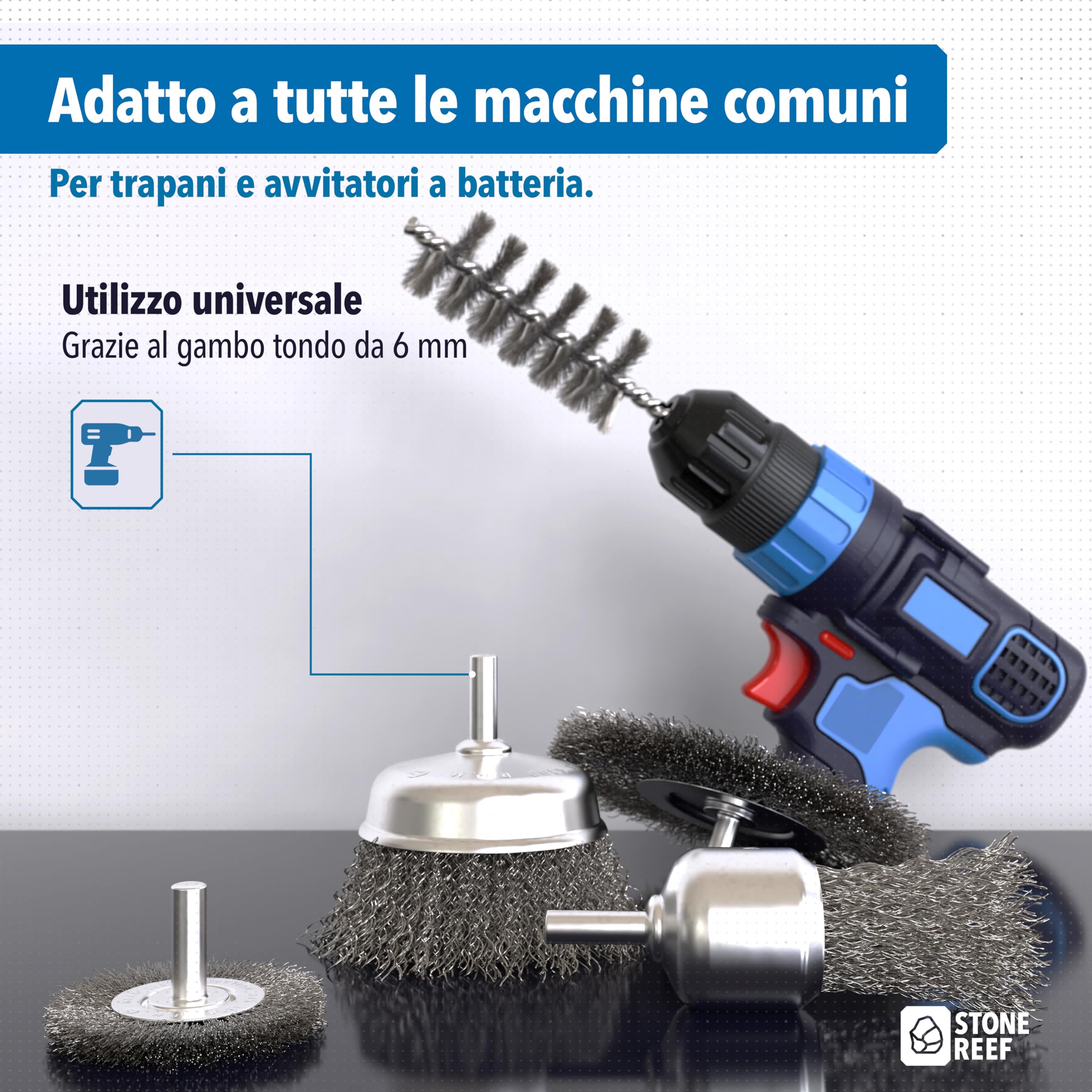STONE REEF Set di 5 spazzole metalliche, fusto rotondo da 6 mm, trapani, avvitatore a batteria, accessori universali per la lavorazione della superficie, ideale per rimuovere la ruggine e rimuovere