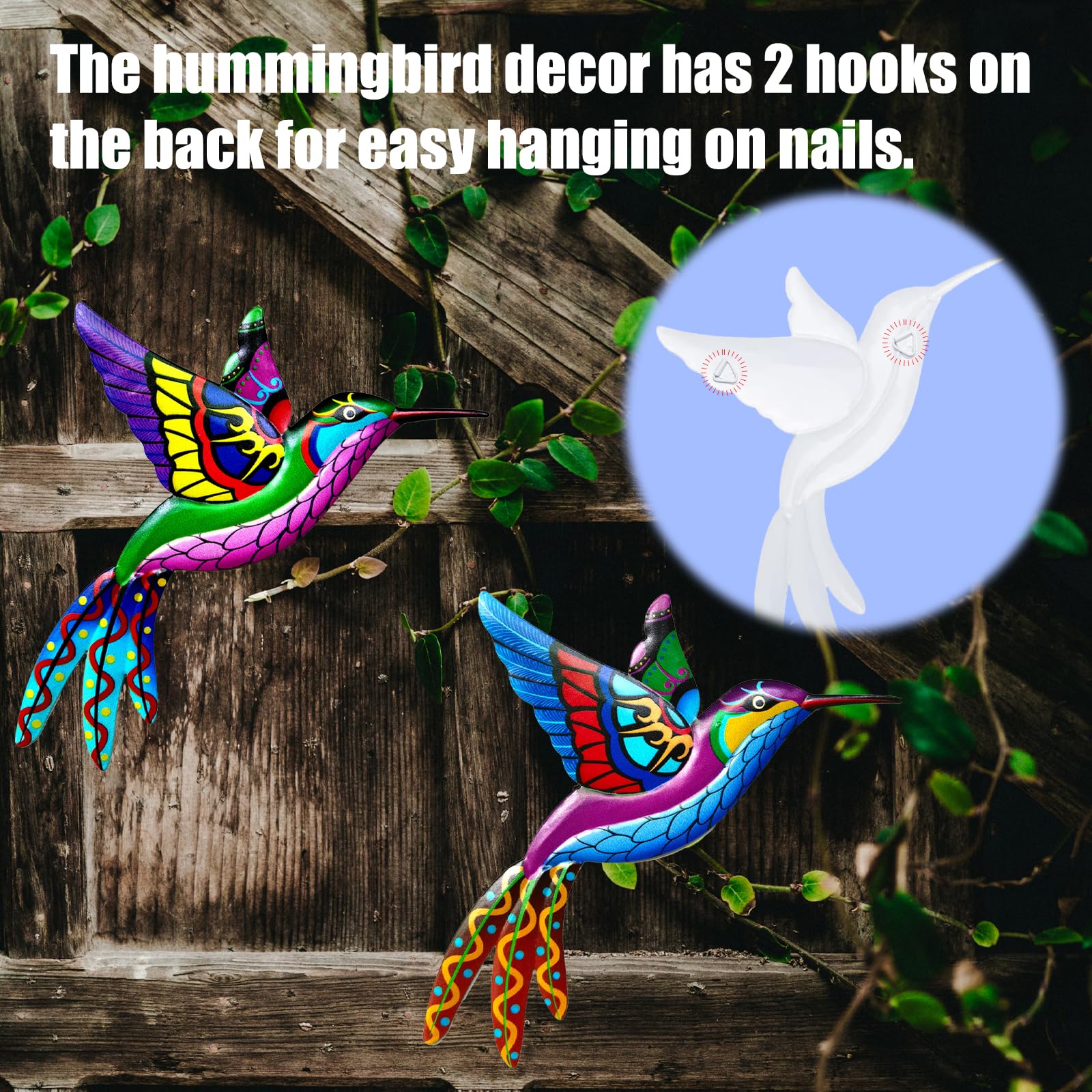 Confezione da 2 decorazioni da parete in metallo a forma di colibrì, sculture da parete in ferro battuto colorato, ornamenti da appendere alla recinzione del giardino esterno per veranda e patio