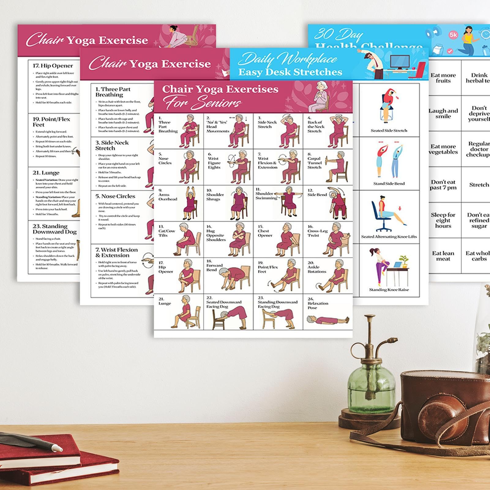 lyanny Poster da yoga per sedia – Poster da ginnastica da seduta, istruzioni (lingua italiana non garantita) , 11 pezzi, per allenamento senza foratura, per pilates, perdita di peso, casa, palestra