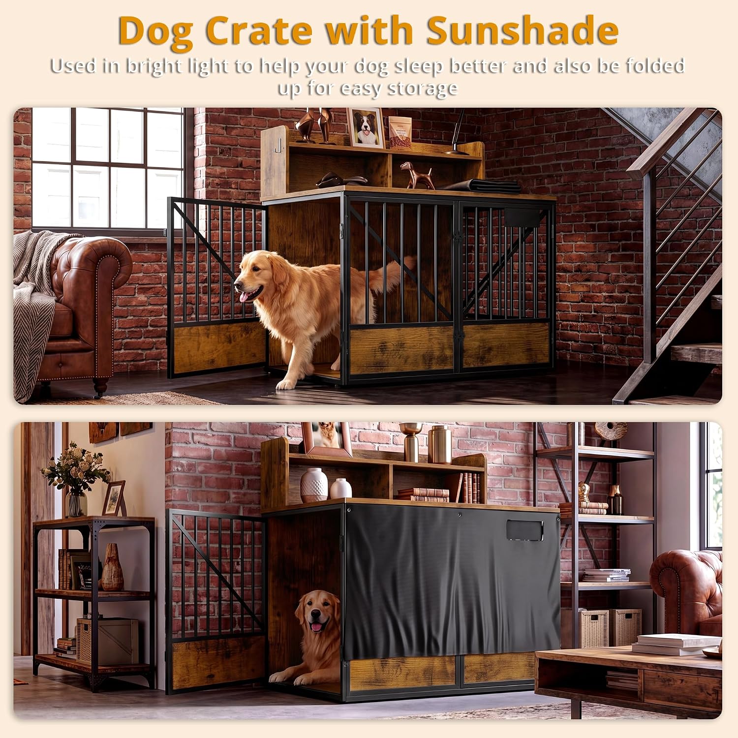 IRONCK 43.3" Large Dog Crate Furniture with Sunshade – Heavy Duty Wooden Pet Crate with Storage Shelf & 2 Hooks, End Table for Large Dogs, Brown