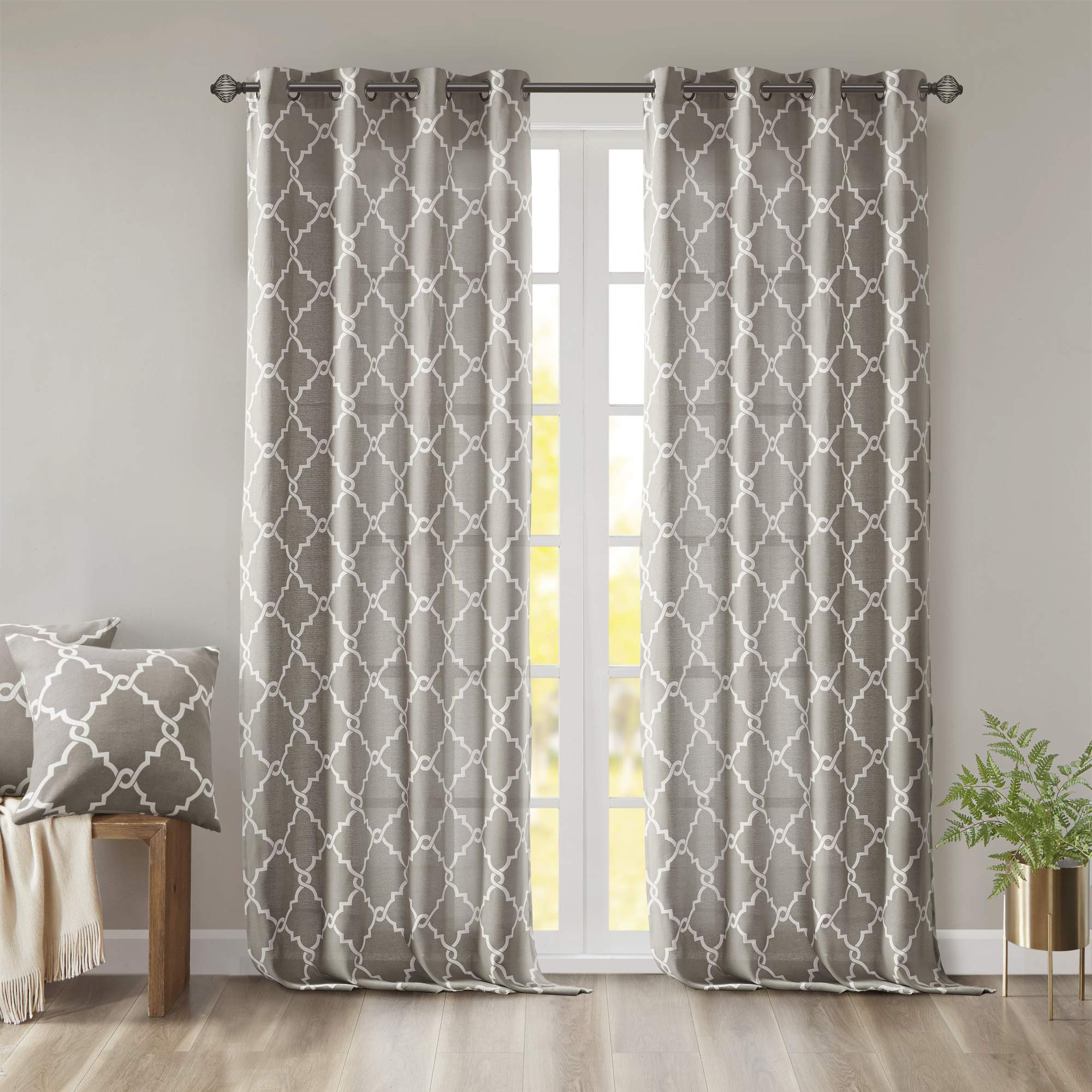 Madison Park Single Window Curtain Light Filtering Fretwork Print 1 Panel Grommet Top Drape/Valance for Living Room Bedroom and Dorm Polyester Blend
