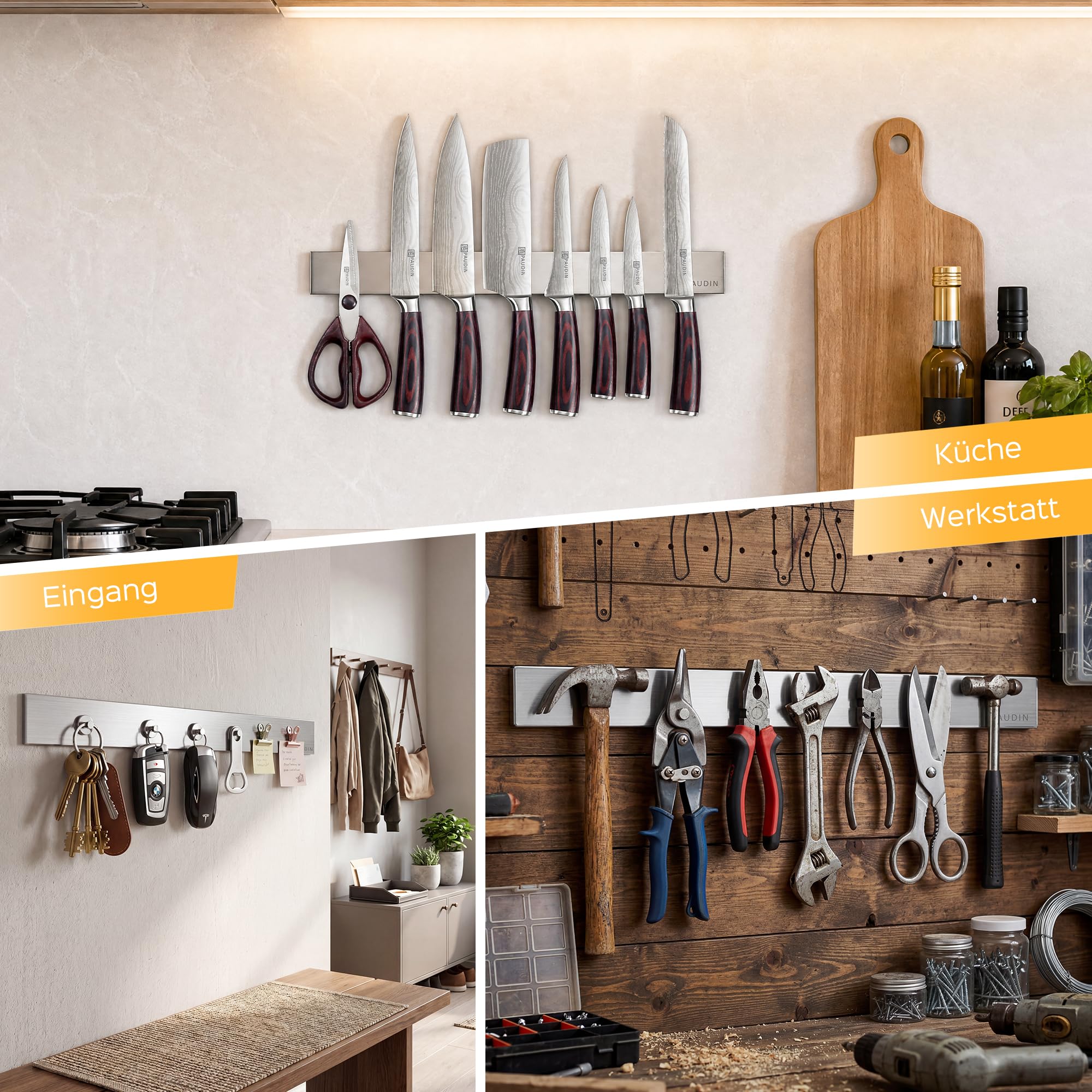 PAUDIN Magnetleiste Messer 45 cm Messerleiste magnetische Küchenmesserleiste aus Edelstahl mit extra starkem Magnet als Messerhalter für Wand Selbstklebend für Küchenutensilien oder Werkzeugen