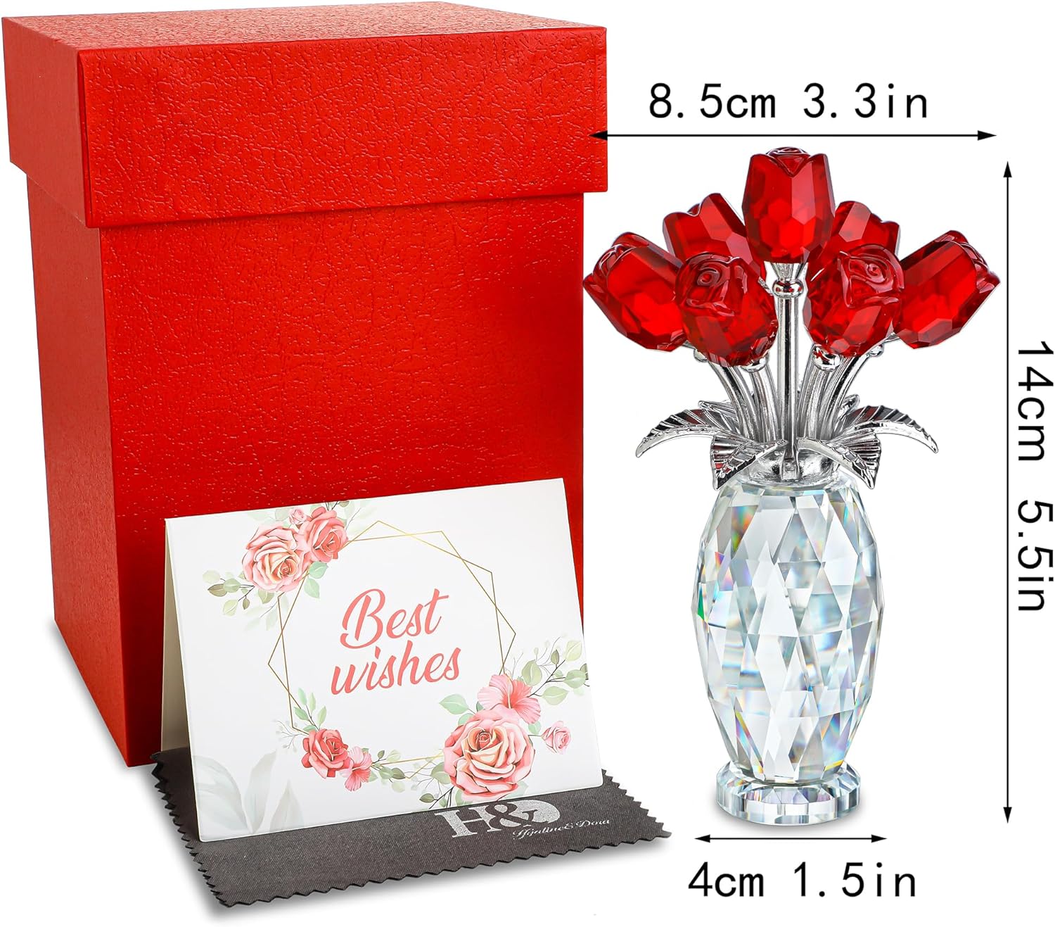 H&D HYALINE & DORA Crystal Rose Flower Figurine,Glass Flower Bouquet Ornament,Glass Rose Gift for Christmas Mother's Day Valentine's Wedding Party - Image 5