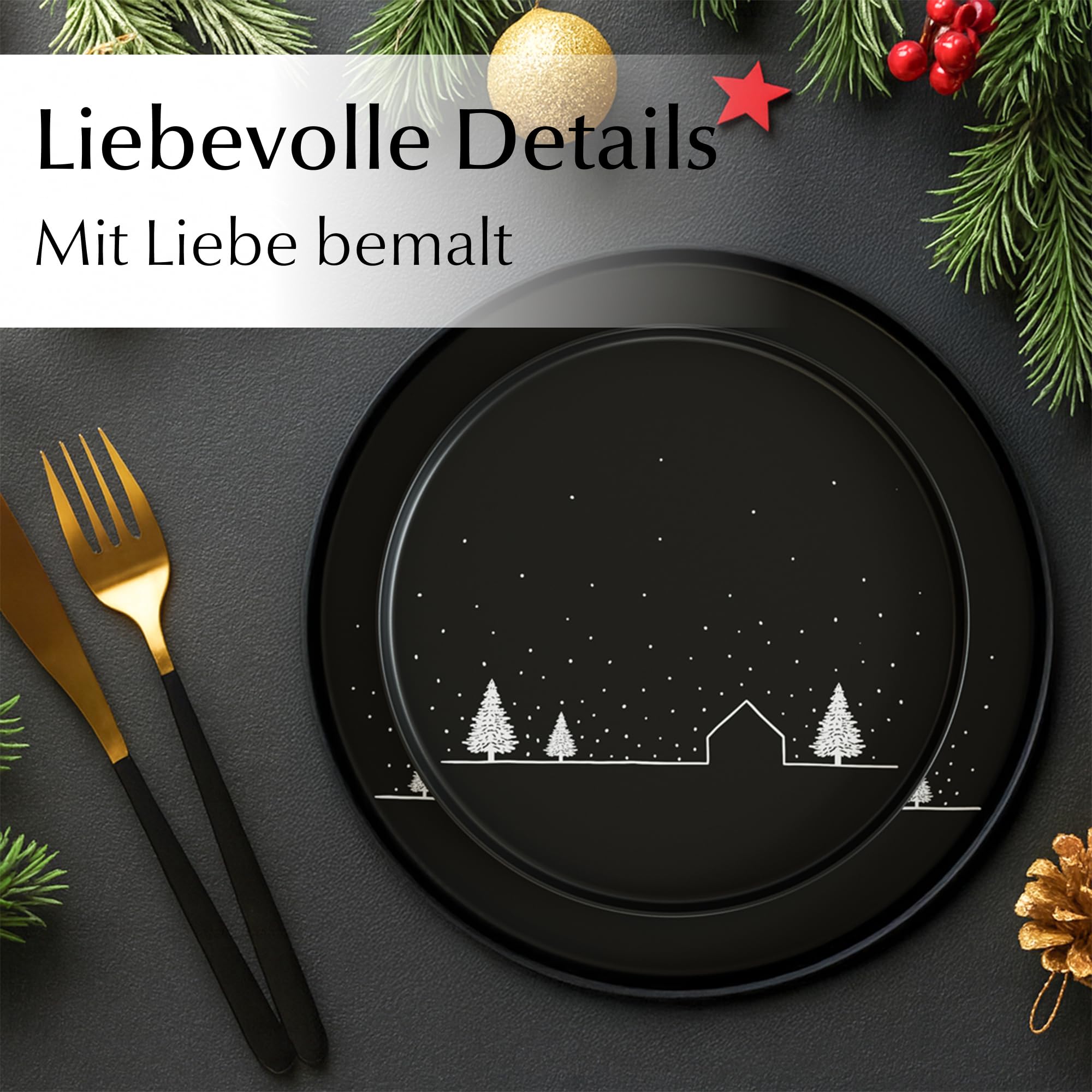 MIAMIO - Geschirrset/Tafelservice, Weihnachtsgeschirr (12-Teilig) - Vinter | Keramik Geschirrset mit Tellern und Tassen, Tafelservice Weihnachten, Geschirr Weihnachten, Geschenk Set - spülmaschinenfest