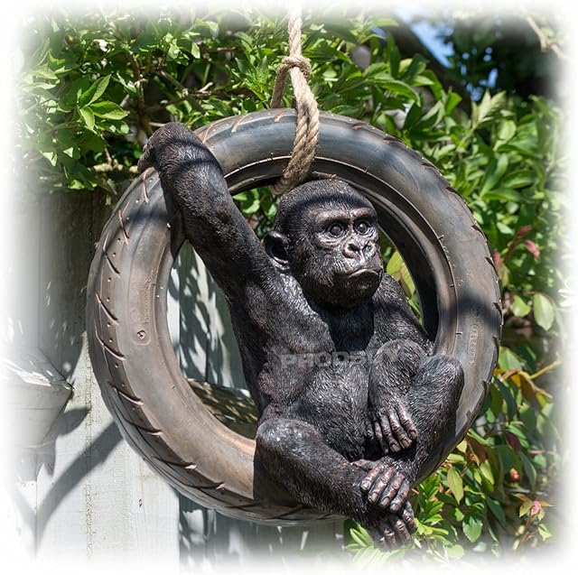 Rope Hanging Gorilla Tyre Swing Garden Ornament Statue Figure Sculpture Monkey