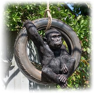 Rope Hanging Gorilla Tyre Swing Garden Ornament Statue Figure Sculpture Monkey