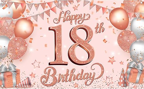 KatchOn Cartel de feliz cumpleaños número 18 de oro rosa Grande, 72 x 44 pulgadas Decoraciones de feliz cumpleaños 18 de oro rosa para niñas,