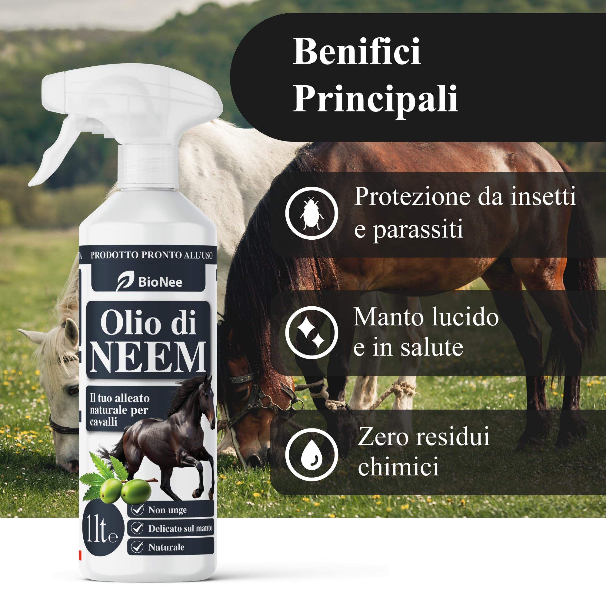 Huile de Neem Spray Chevaux 1L - Lotion Naturelle prête à l'emploi, Action Protection contre les Insectes et les Parasites, Non Onge, Doux sur le Mant, Hydrosoluble