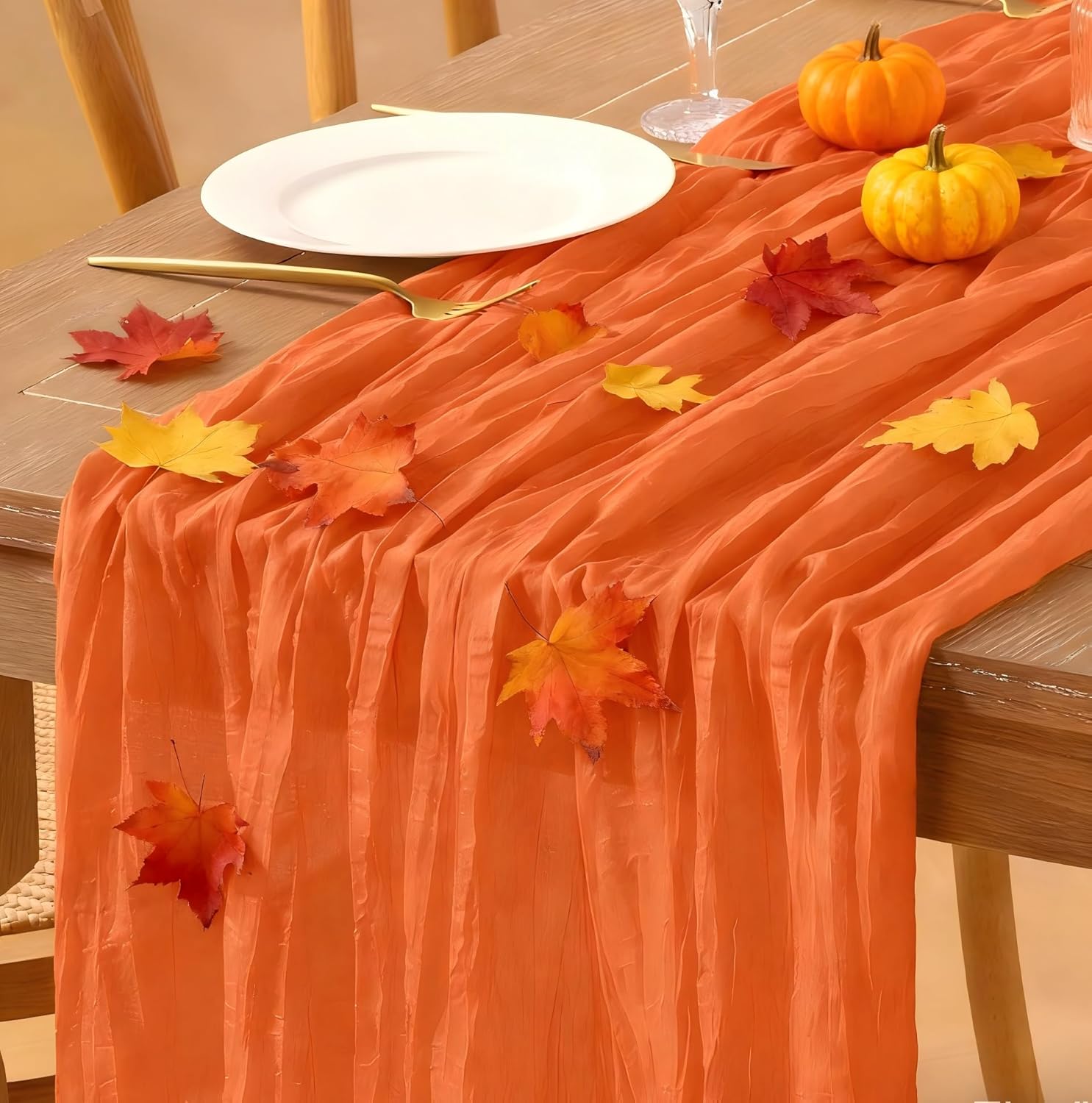 Orange Fall Thanksgiving Cheesecloth Table Runner 12pcs 10FT Boho Rustic Gauze Cheese Cloth Table Runner 35x120 Inch for Wedding Party Bridal Baby Shower Birthday Home Decor