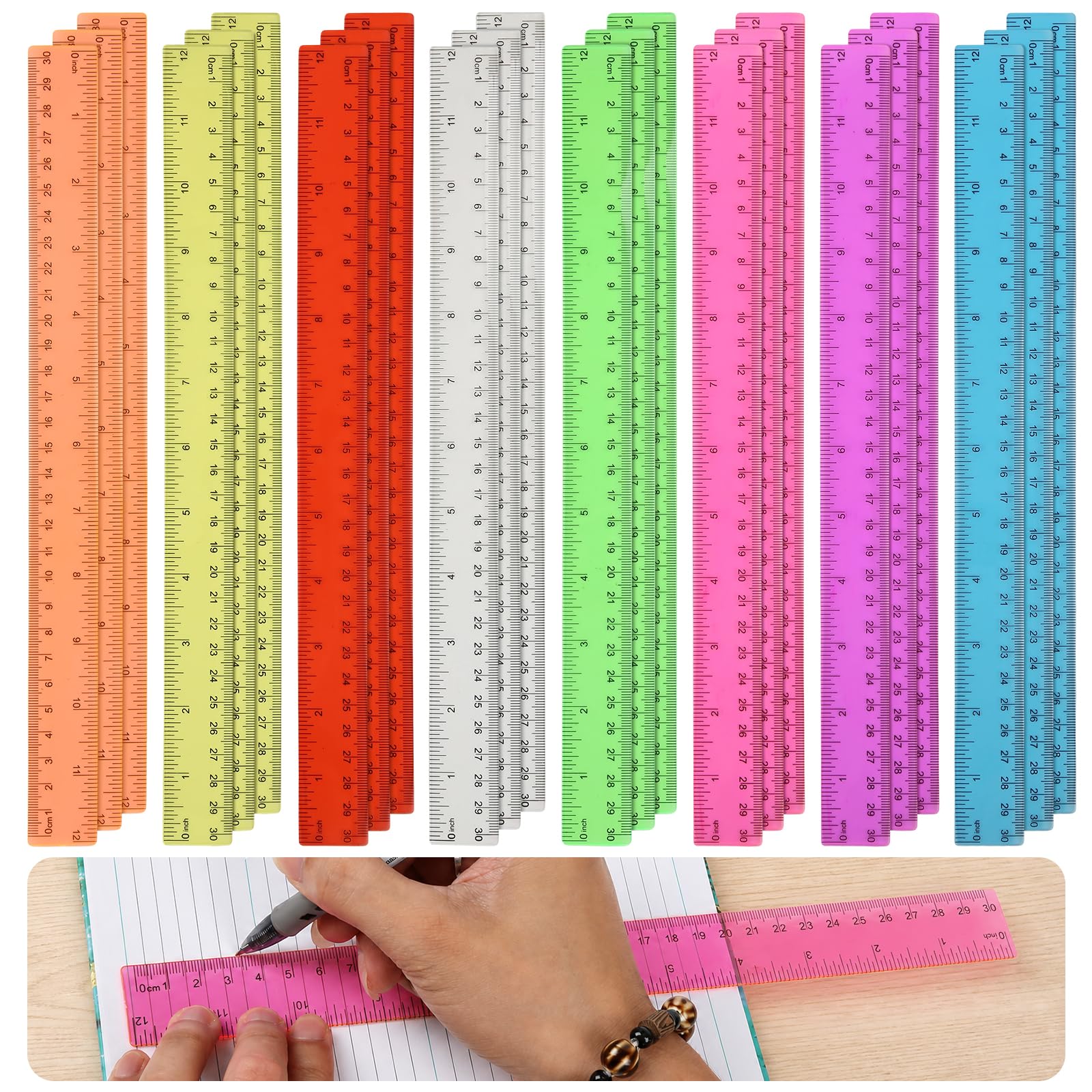 24 Pcs Clear Plastic Ruler, 30cm/12in, Colorful, Shatterproof, For Student