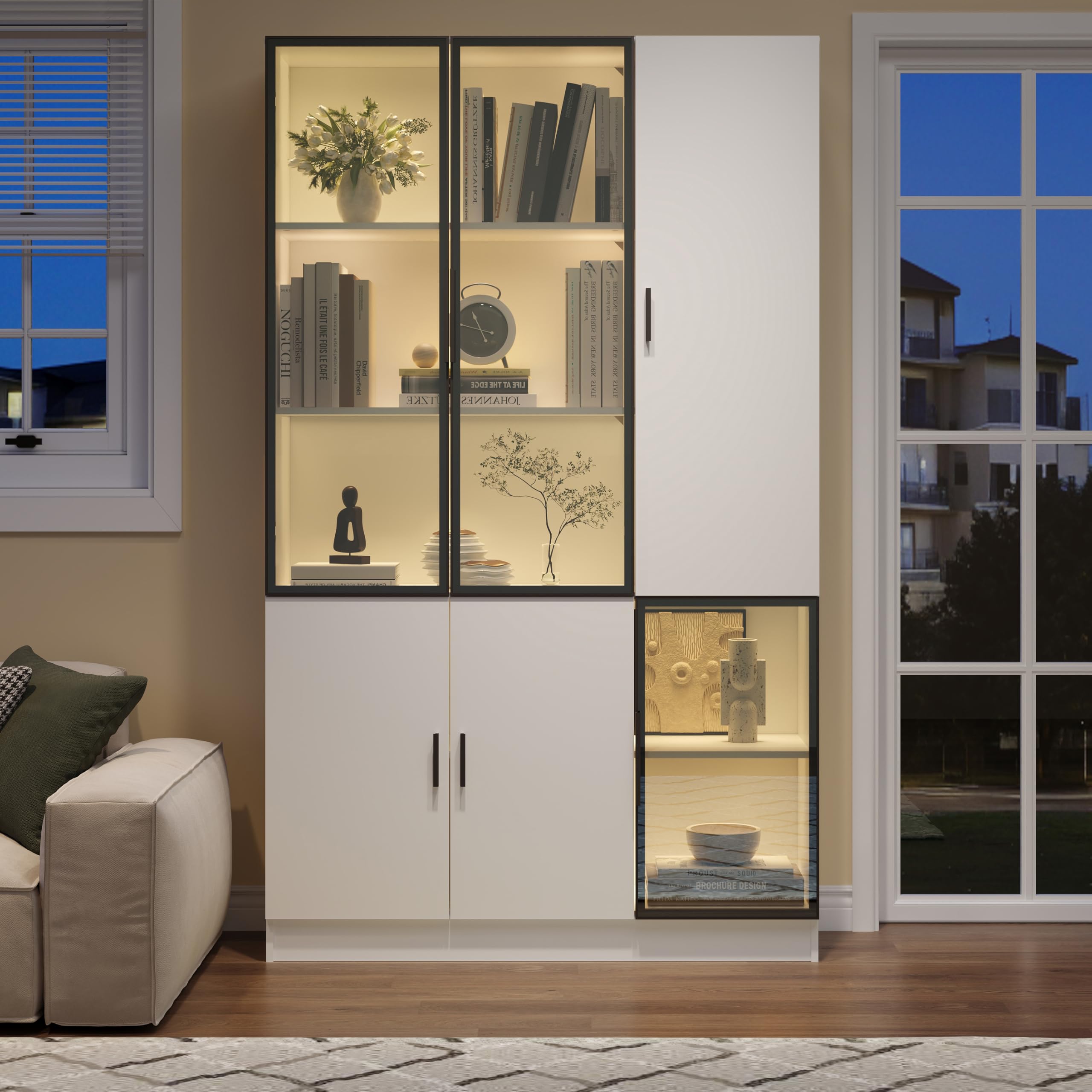 SUKY Vetrina in vetro, 120 x 35 x 200 cm, vetrina in vetro, altezza 200 cm, con luci a LED, multiStorage, libreria con porta in vetro con telaio in alluminio