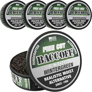 5 Cans, BaccOff Extra Wintergreen Fine Cut, Bold Wintergreen Flavor