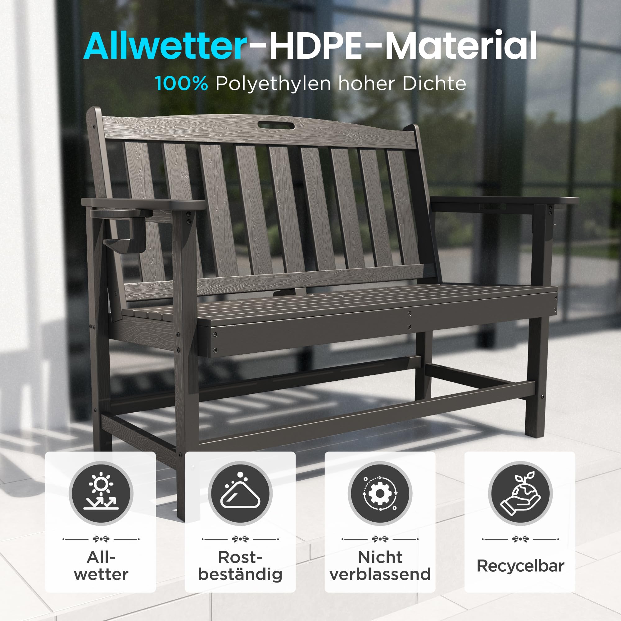 PHI VILLA Gartenbank Wetterfest aus HDPE Bank Outdoor mit 318 kg Tragfähigkeit für 2-3 Sitzer Sitzbank für Terrasse, Park, Garten und Veranda Schwarz