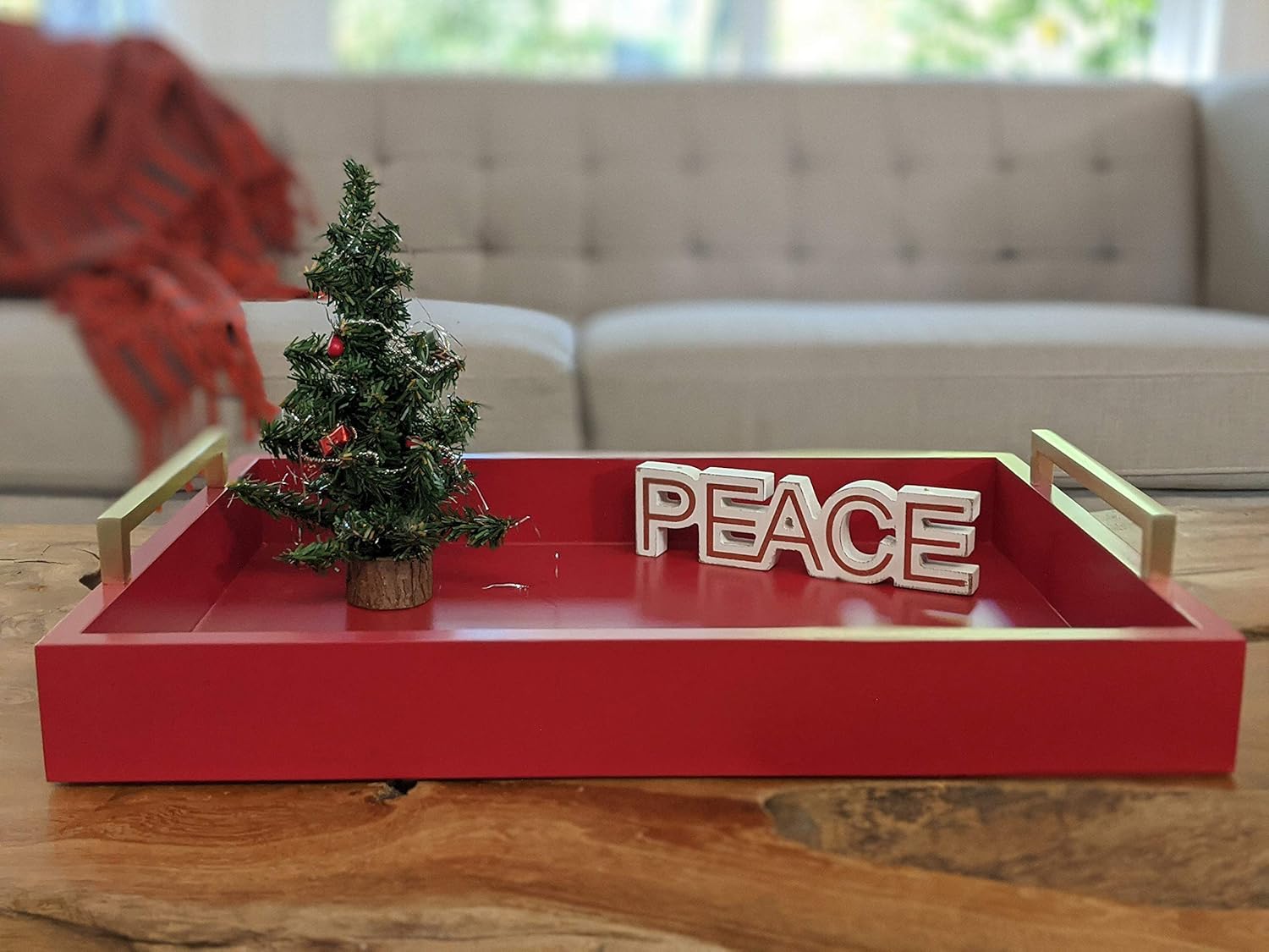 Montecito Home Decorative Coffee Table Tray - Ottoman Tray - Breakfast, Drinks, Liquor Serving Tray - from Farmhouse to Modern - Matte Finish - Champagne Gold Handles - Crimson Red : Home & Kitchen