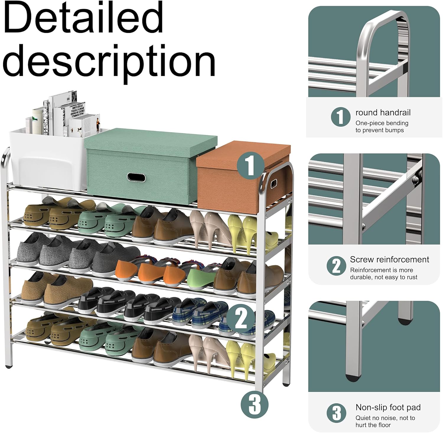Shoe Rack Organizer for white metal,5 Tier Free Standing Shoe Rack Stainless steel Shoes Storage Shelf,Stackable Shoe Shelf for Entryway Doorway in silver : Home & Kitchen