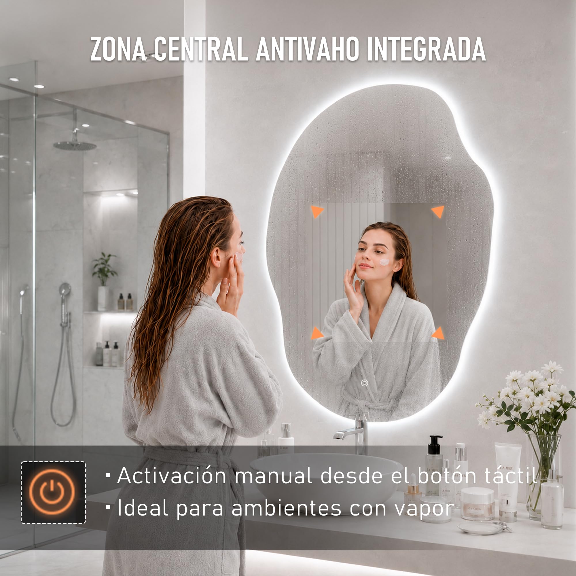 Espejo LED con Antivaho y Control Táctil, 50 x 70 cm (Irregular) | Luz Cálida, Neutra y Fría, Brillo Regulable, Memoria, Apto para Ambientes Húmedos, Enchufe y Tornillos Incluidos