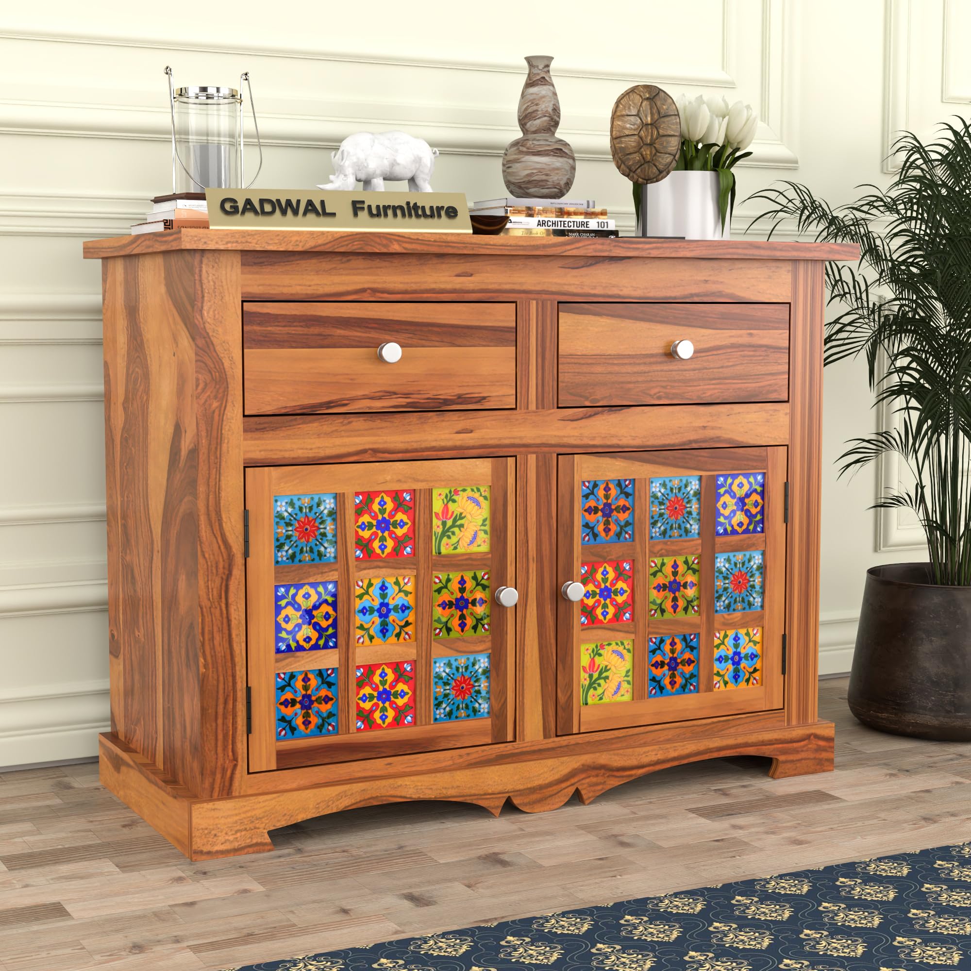 Solid Wood 2 Drawer and 2 Door Chest of Drawer & Sideboard Storage Cabinet for Living Room Bedroom Kitchen Home (Inaya, Honey Finish)-image-45