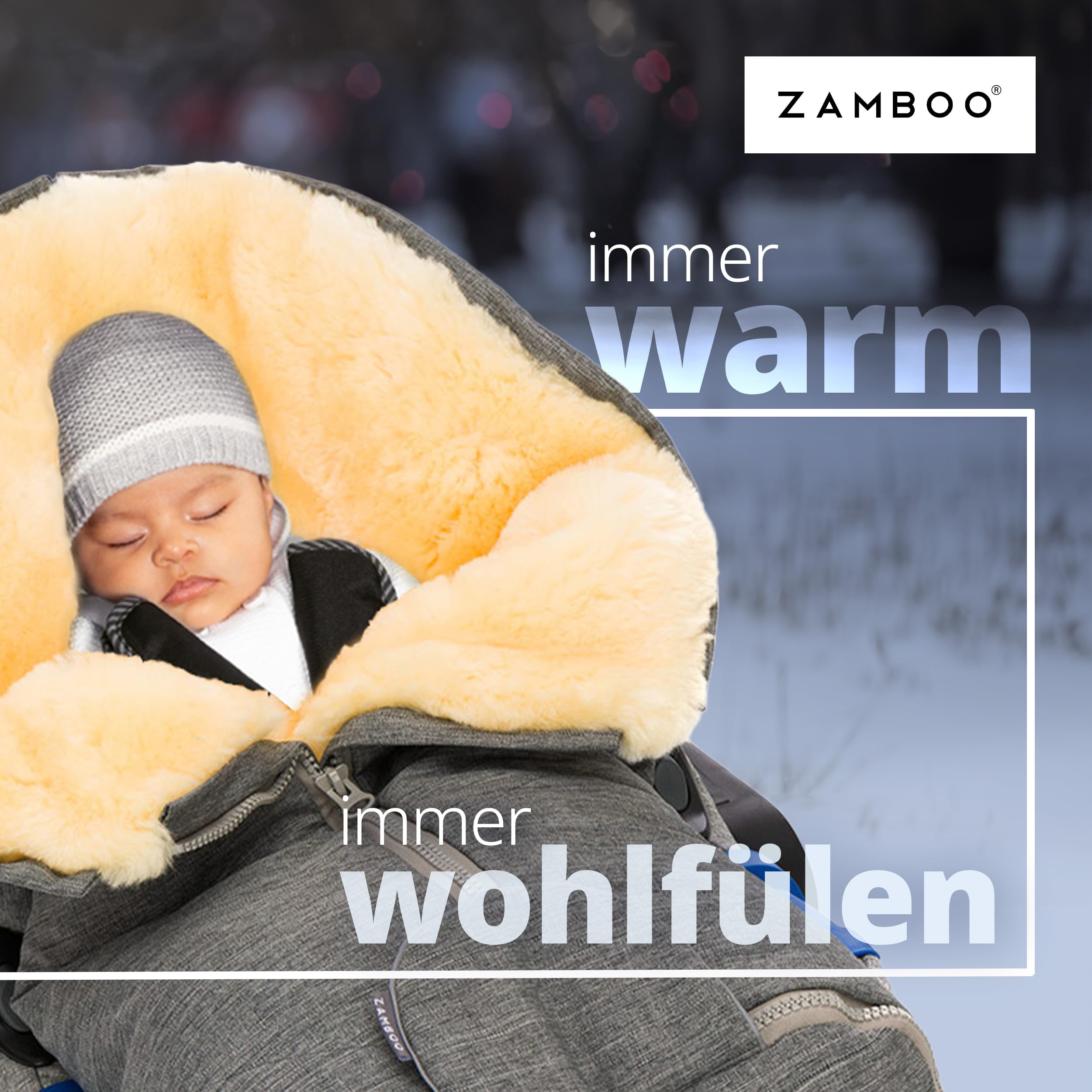 Zamboo Lammfell Fußsack für Babyschale und Kinderwagen Wanne - Universal Baby Winterfußsack aus Merino Lammwolle, für 3 Punkt und 5 Punkte Gurte - Grau | Universal Baby Winterfußsack aus Merino Lammwolle, für 3 Punkt und 5 Punkte Gurte