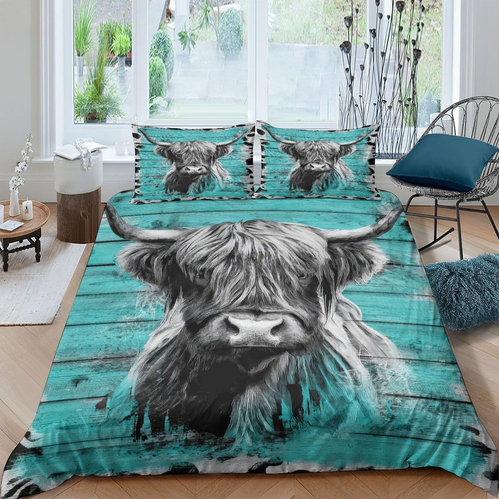 GPLZQXKJNH 3D Printed Highland Cow Duvet Cover Set Microfiber Teal Rustic Animal Quilt Cover with 2 Pillowcases for Bedroom Decor Single（135x200cm）