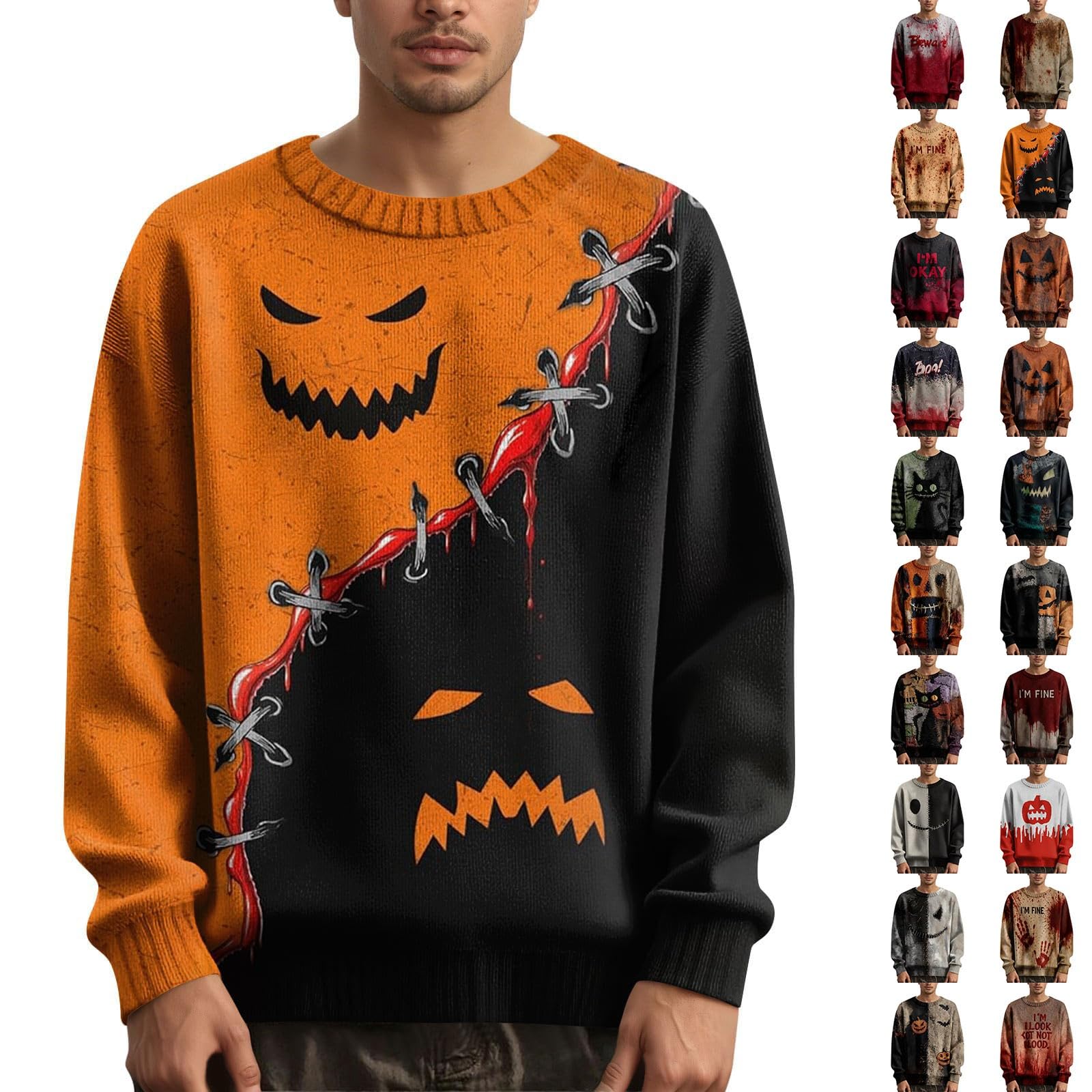 Pull Halloween homme Jack O Lantern tricot gris aux finitions patchwork contrasté - 6