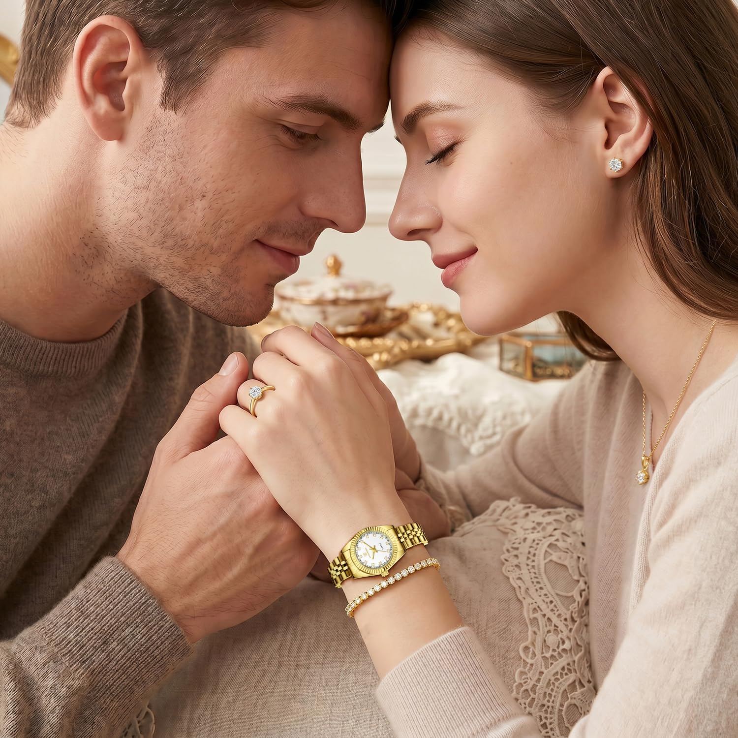 Timever Damen-Armbanduhr-Set, 18 Karat vergoldet, Armreif, Armband, Ring für Frauen, zierliche Damen-Armbanduhr, wasserdicht, analoge Uhr mit leuchtend, Valentinstag, Jahrestag, Geburtstag, Geschenke