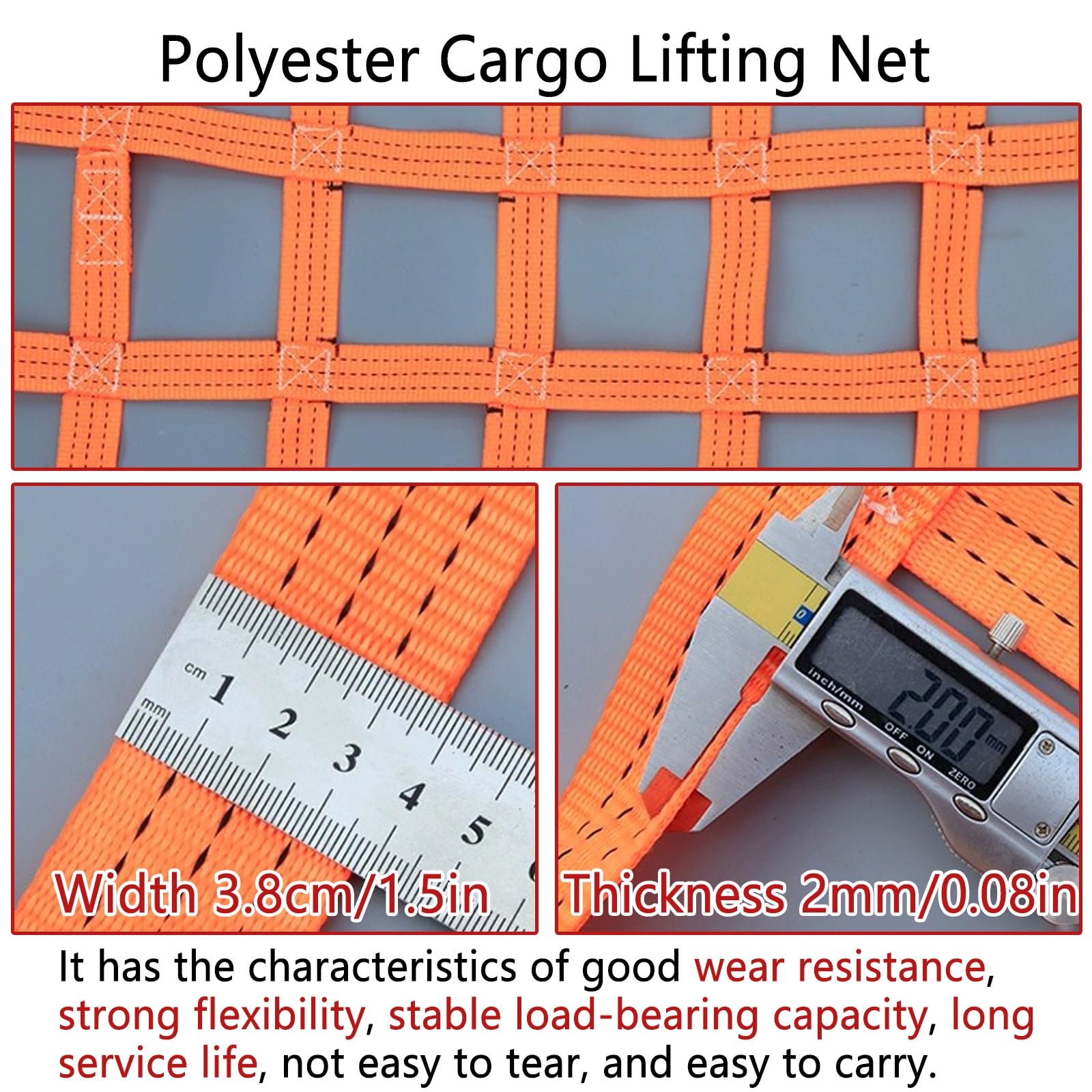 Rete di carico Resistente per Sollevamento, capacità di carico 300 kg, Cinghie di Sollevamento antistrappo, Lunghezza 1,5 m, Maglia 10 cm per edilizia, Traino e carichi Pesanti.