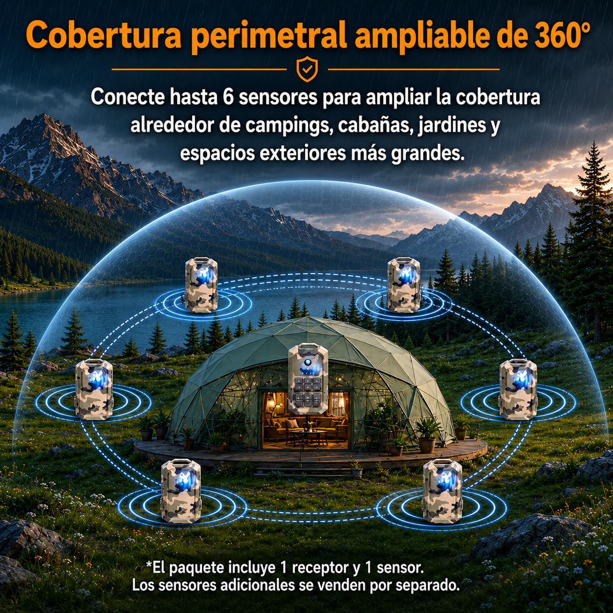 LETWESAF Sensor Radar para Alarma perimetral Camping, Camuflaje | Radar de 24 GHz detecta movimiento; alcance inalámbrico de 800 m, recargable e IP66 – para camping, autocaravana y propiedad.