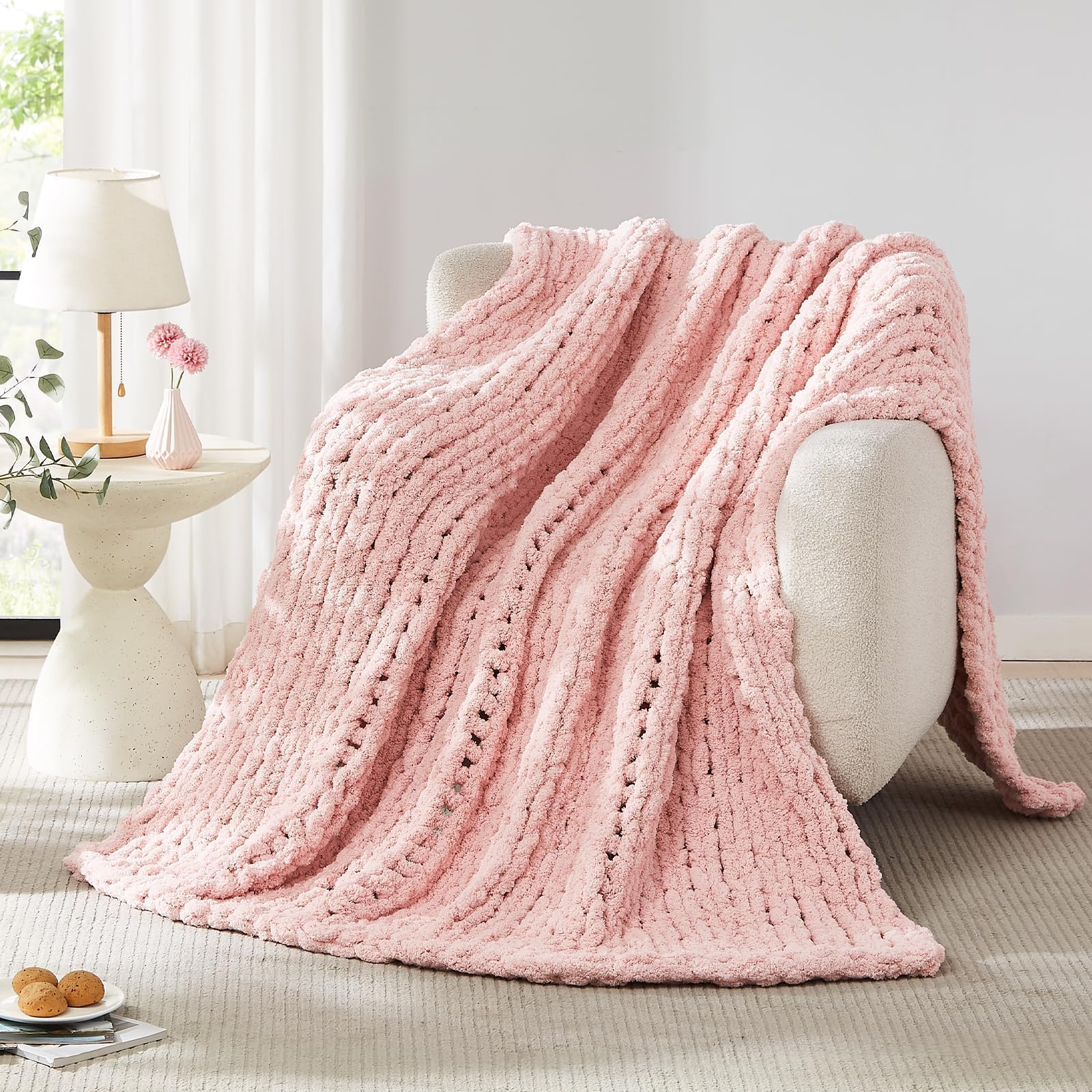 L'AGRATY Chunky-Strickdecke Rosa (150x200 cm), Weiche Chenille-Garn Wurfdecke, Handgemachte Zopfstrick-Decke, Kuschelige Häkeldecke für Sofa, Bett & Wohnkultur