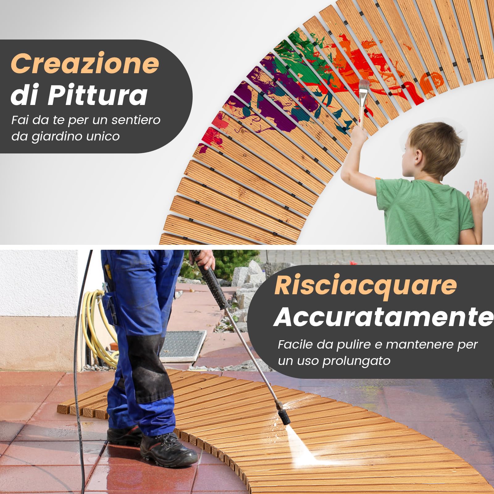 COSTWAY Sentiero da Giardino in Legno, Passerella Curvo da Esterno con Superficie Antiscivolo e Fili Metallici, Design Arrotolabile, per Patio Cortile e Spiaggia, Naturale (216 x 53 cm)