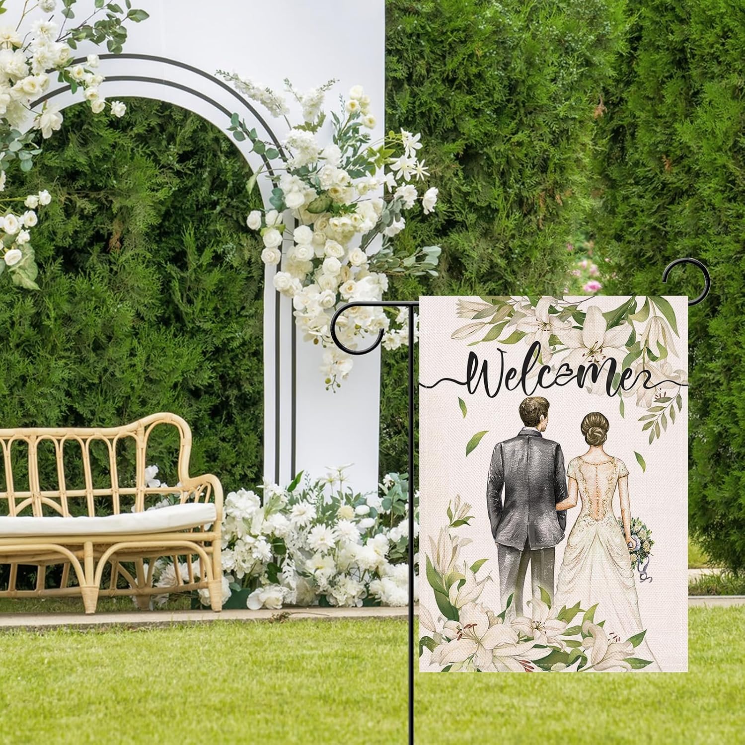 Artofy Welcome Bride Groom Wedding Small Decorative Garden Flag, Romantic Lily Flower Yard Lawn Outside Decor, Engagement Anniversary Party Burlap Outdoor Home Decoration Double Sided 12 x 18 - Image 6
