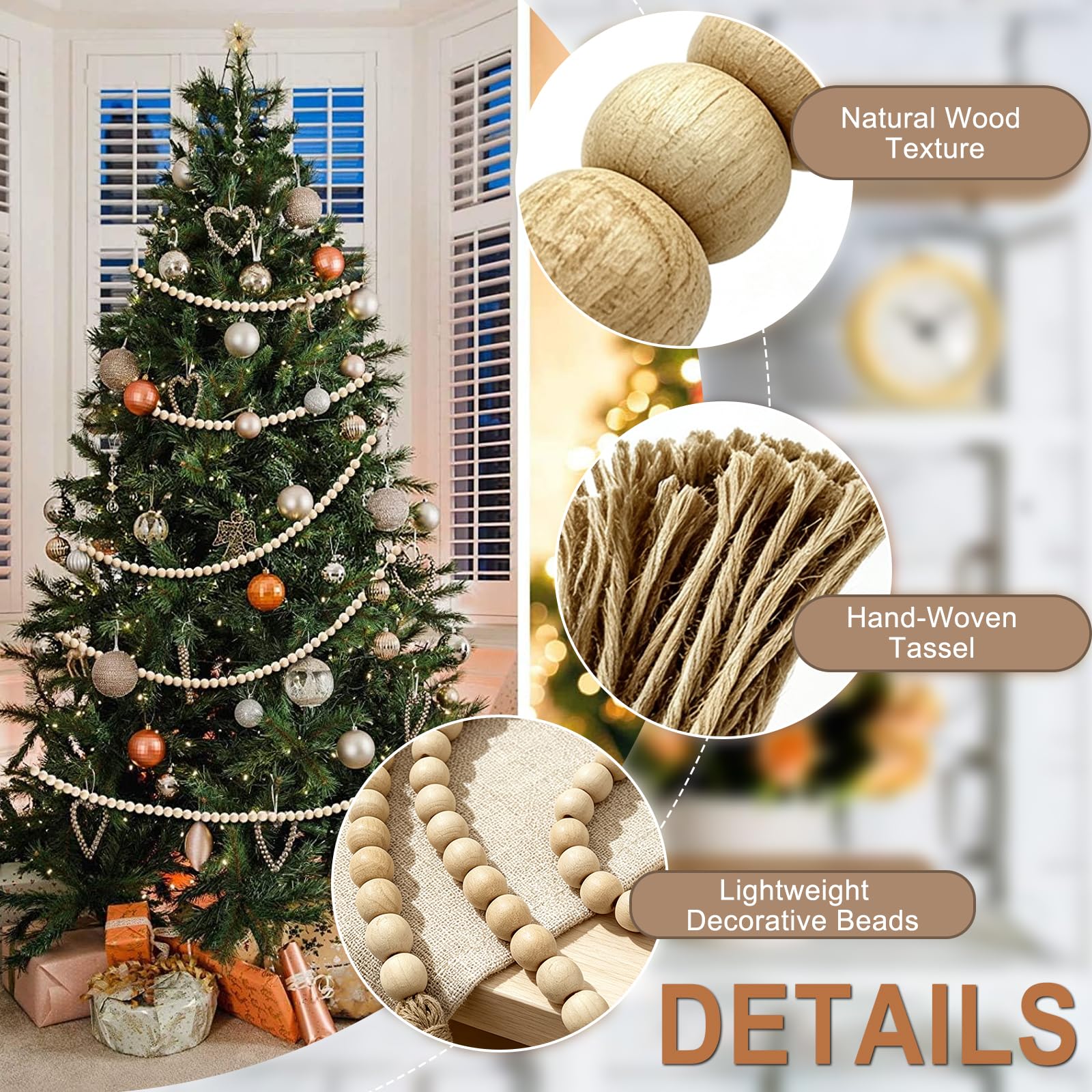 Holzperlen Girlande 148cm 16mm, 84 Holzperlen mit Quasten Deko | Holzperlenkette Naturholz, Perfekt für Wohnzimmer, Schlafzimmer, Weihnachtsbaum, Kamin oder Hochzeitsdeko