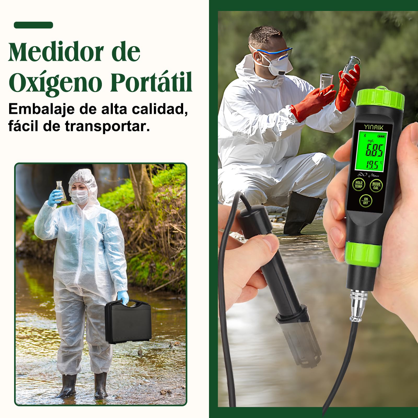 YINMIK Medidor inteligente de oxígeno disuelto | Medidor portátil de oxígeno disuelto para estanques, probador digital de oxígeno disuelto: acuarios, hidroponía, mosto de cerveza, lagos y acuicultura