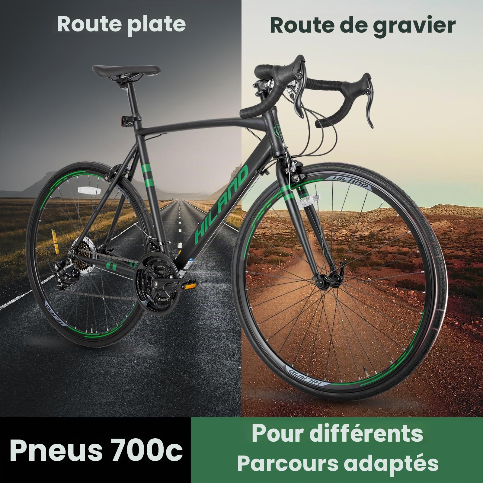 HILAND Daring Vélo de Route 28” 700C, 14 Vitesses, Cadre Aluminium 49/53/57 cm, Vélo de Ville et Pendulaire pour Homme et Femme, Vélo Adulte, Noir/Vert/Rouge