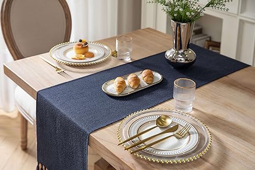 Miniatura 4 de ZeeMart Camino de mesa azul marino de 72 pulgadas de largo estilo rústico de arpillera de lino camino de mesa de comedor tejido bohemio 13 x 72