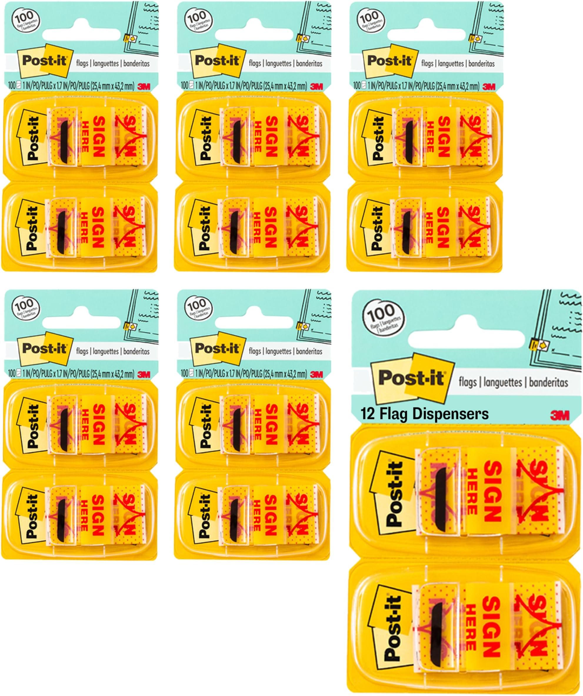 Post-it Flags Arrow Message 1" Page Flags, Sign Here, Yellow, 50 Flags/Dispenser, 12 Dispensers/Pack