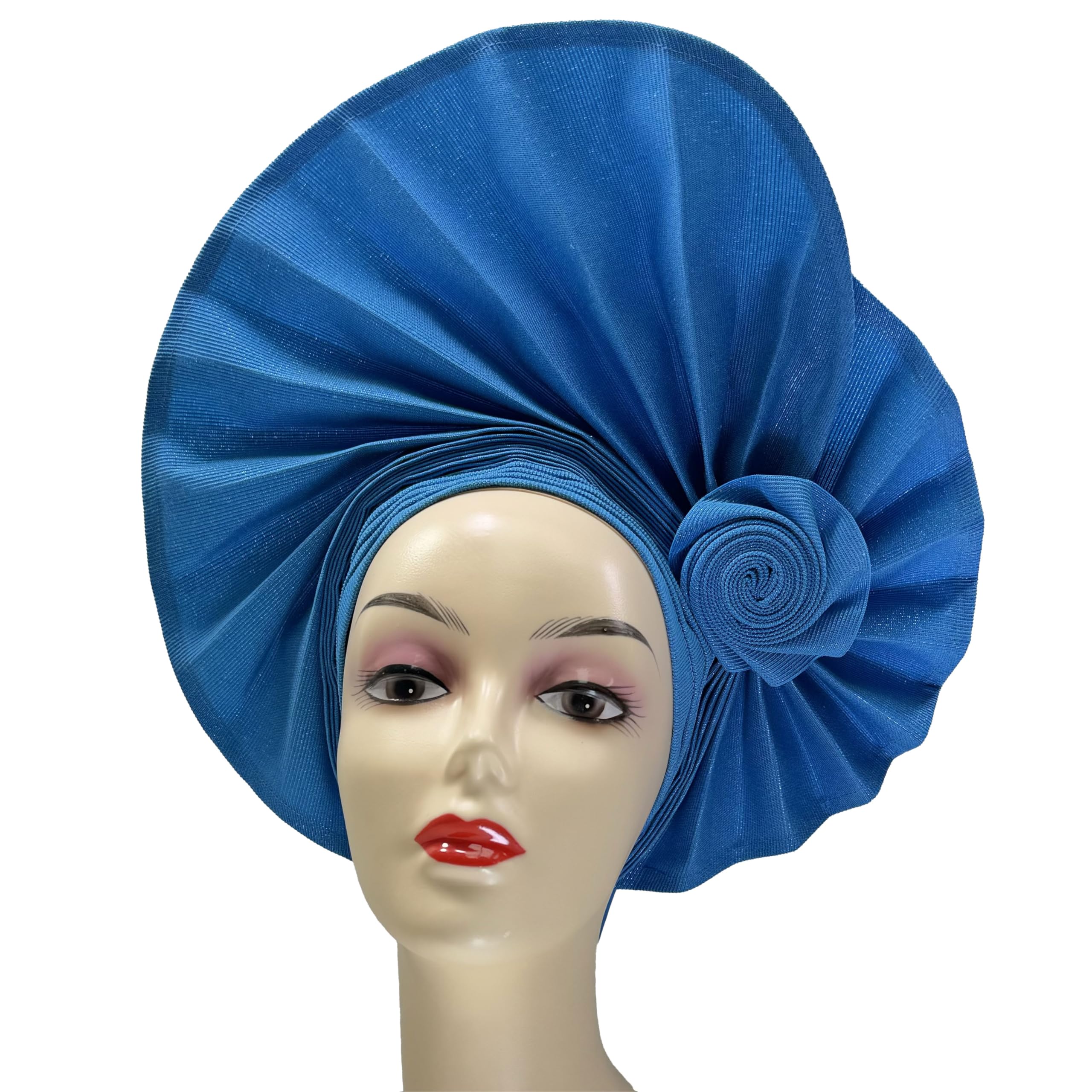 Luxury Nigerian ASO Oke Headtie Already Made African Headties Women Headbands Turban Cap Auto Gele Headgear 18025 (Sky Blue)