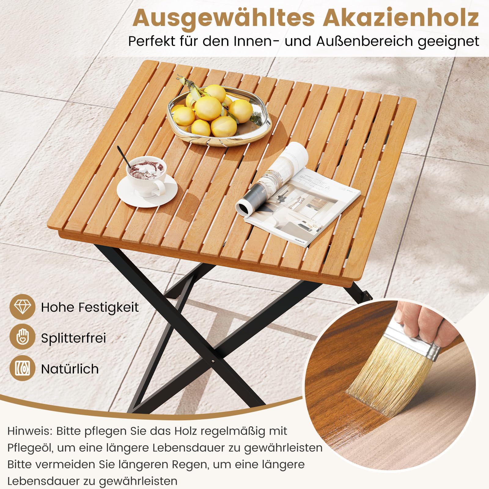 COSTWAY Gartentisch Klappbar Holz, Holztisch Wetterfest, Klapptisch aus Akazienholz, Balkontisch, quadratischer Esstisch für Garten, Balkon, Terrasse, 70 x 70 x 73 cm