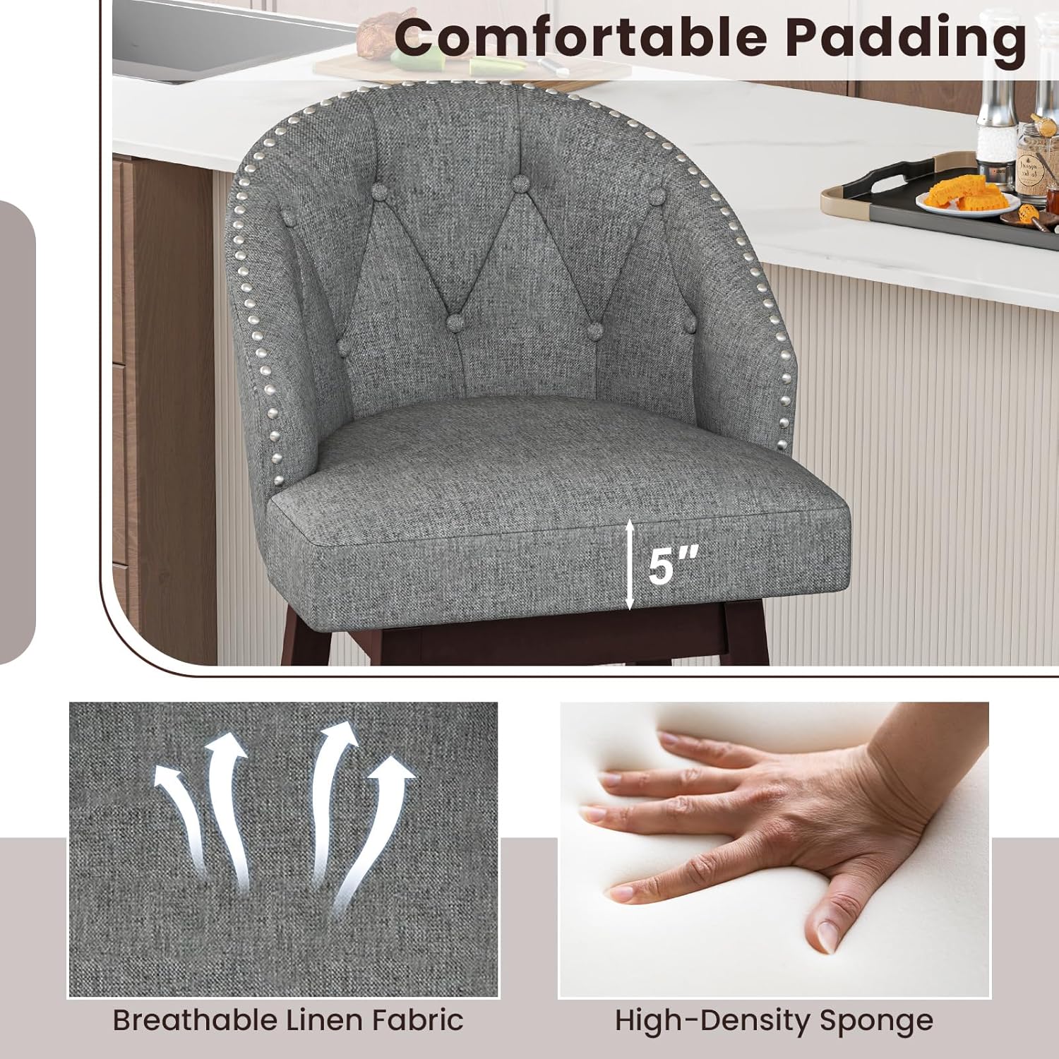 Close-up of the padded seat of a COSTWAY bar stool, illustrating the 5-inch thickness, breathable linen fabric, and high-density sponge.