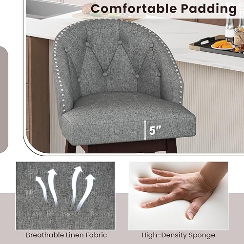 Miniatura 4 de COSTWAY Juego de 2 taburetes de bar giratorios de 31 pulgadas con patas de madera de goma y respaldo acolchado, tela de lino transpirable, diseño