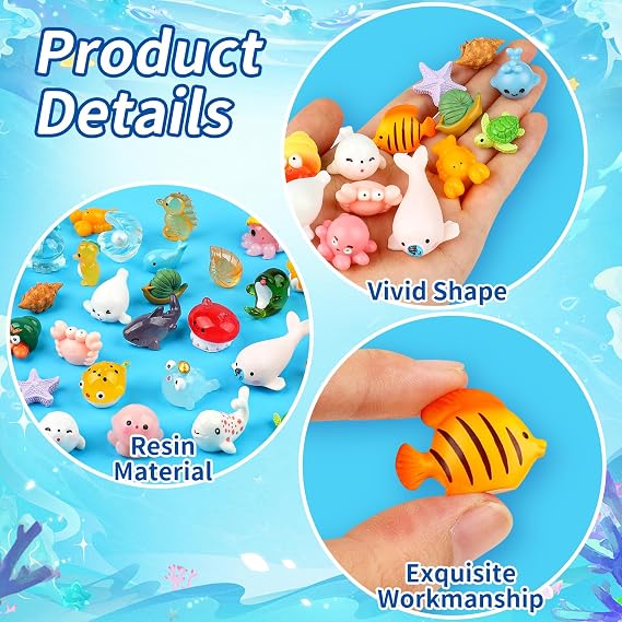 50 PCS Mini Sea Animals Figurines Tiny Resin Ocean Animals Mini Plastic Ocean Animal for DIY Miniature Scenes Dollhouse Birthday Party Decoration, Fish Tank Aquarium