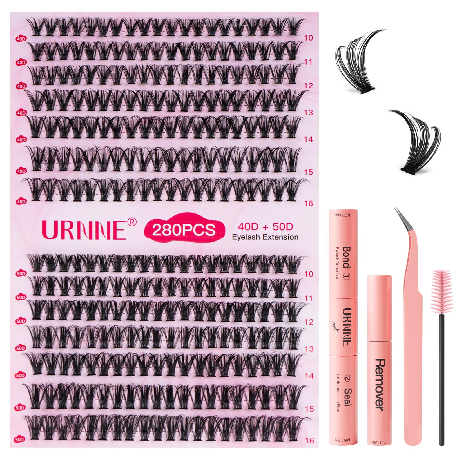 URNNE Lash Extension Kit 280PCS Eyelash Extension Kit 10-16mm Lash Clusters 40D+50D Lash Clusters Kit with Bond, Seal, Remover and Tweezers