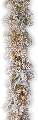 National Tree Company Guirnalda de Navidad artificial de pino de cerdas nevadas preiluminada de 9 pies, decoración de Navidad con 70 luces