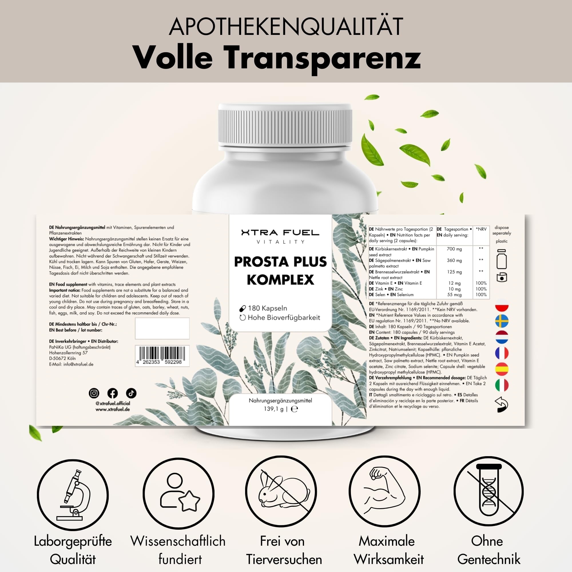 Prosta Plus Komplex - 180 Prostata Kapseln hochdosiert - einzigartige Formel aus Kürbiskern-, Sägepalmen-, Brennnesselwurzelextrakt mit Zink, Vitamin E & Selen - geprüfte Prostata Komplex Kapseln