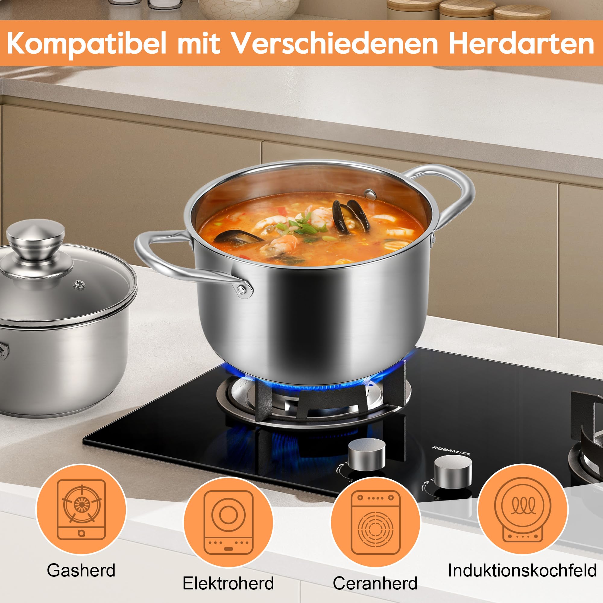 Topfset Induktion 8-Teilig, Kochtopf Set Edelstahl mit Glasdeckel, Töpfe Set für Alle Herdarten, Kochtöpfe Inklusive Stielkasserolle, Spülmaschinengeeignet