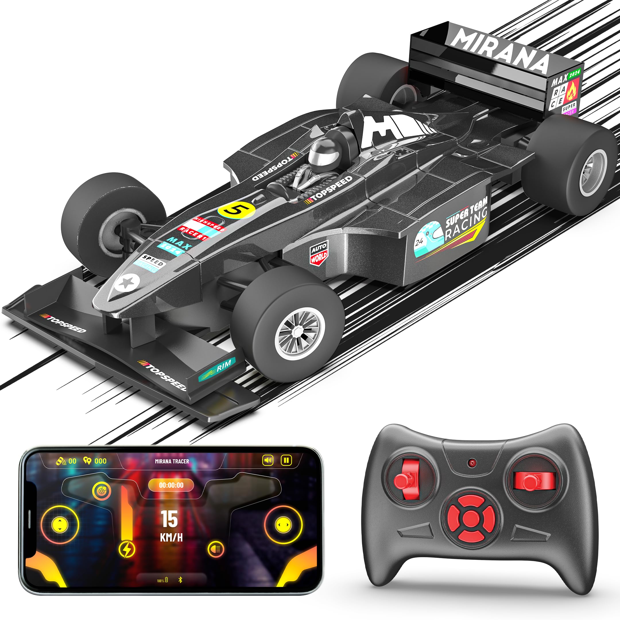 Mirana Super Car | USB Rechargable Type-C | in-Built Bluetooth Speaker | 1:12 Size High-Speed Racing Dual Motor RC Car | Long Range Remote & App Controlled Toy for Kids 4+ 5+ 6+ Years (Black)