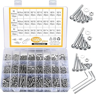 1080pcs Screws Bolts and Nuts and Washers Assortment Set, Metric M4 M3 M2 Stainless Steel Hex Socket Head Cap Screws Kit, Assorted Machine Screws Nuts and Bolts with Washers