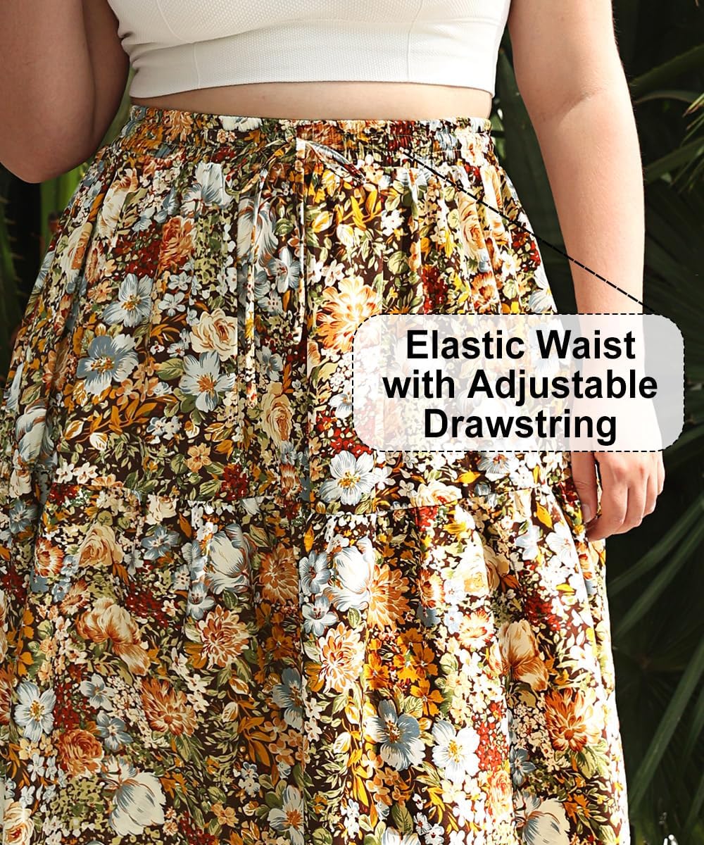 CARCOS Plus Size Skirts for Curvy Women Elastic High Waist Boho Maxi Skirt Pleated A-Line Tiered Long Skirts with Pockets - Image 4